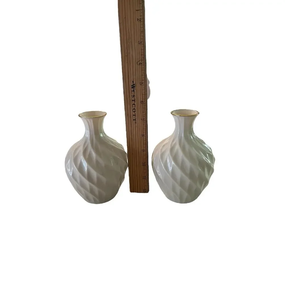 Vintage Lenox Richmond 2 Swirl Bud Vases Ivory Bone China With 24k Gold Trim USA